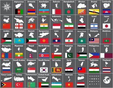 vector maps and flags of all asian countries arranged in alphabetical order clipart