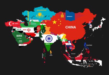 Asya ülkeleri ile kıta harita vektör çizim onların ulusal bayrakları ile karışık