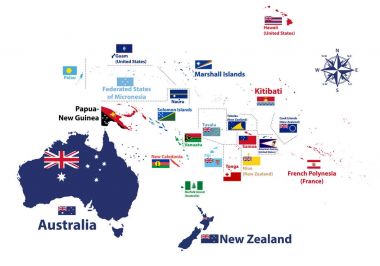 Avustralya ve Okyanusya bölgesi vektör yüksek Detaylı harita ülke adları ve ülke bayrakları