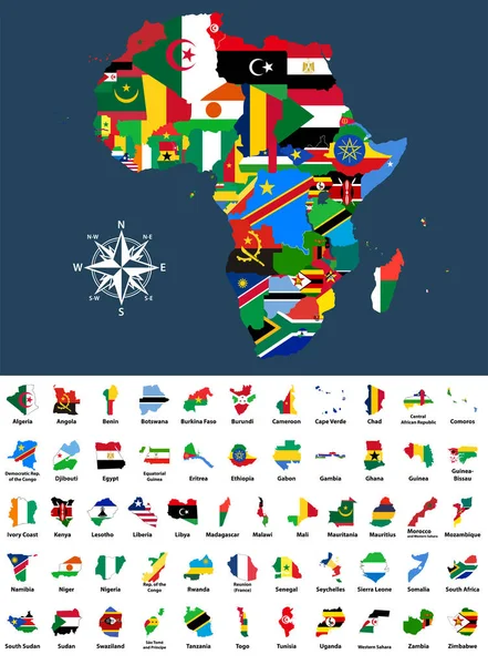 Vektorkarte Von Afrika Gemischt Mit Länderflaggen Sammlung Aller Afrikanischen Landkarten — Stockvektor