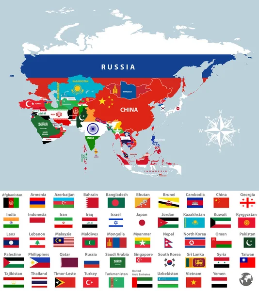 Mapa Asiático Articulado Com Bandeiras País Todos Países Asiáticos Bandeiras — Vetor de Stock