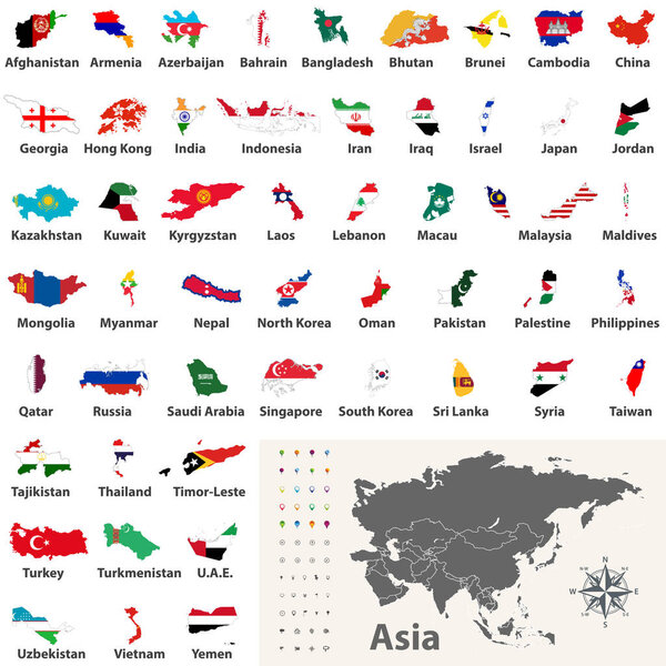 vector collection of asian countries maps that combined with their flags. Political map of Asia continent. Navigation and location icons