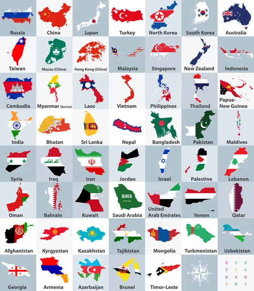 Toutes Les Cartes Asiatiques Mélangées Avec Des Drapeaux Vecteur — Image vectorielle