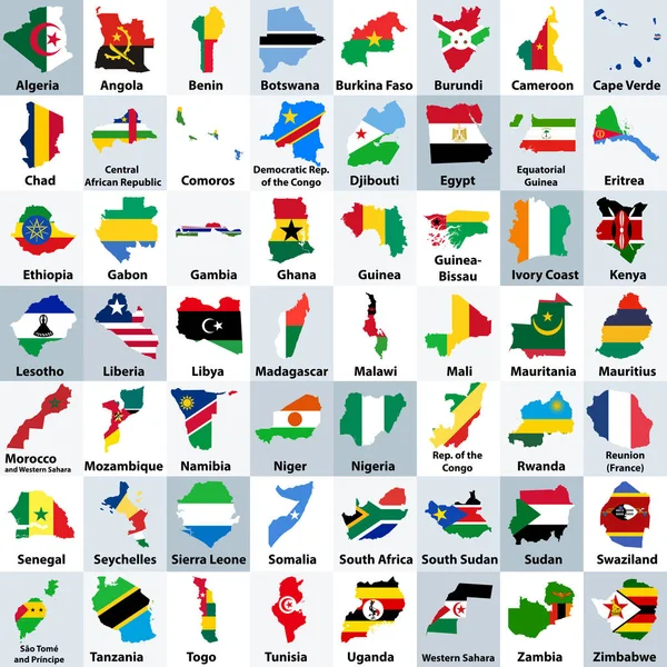 All African Countries Maps Mixed National Flags Arranged Alphabetical Order — Stock Vector