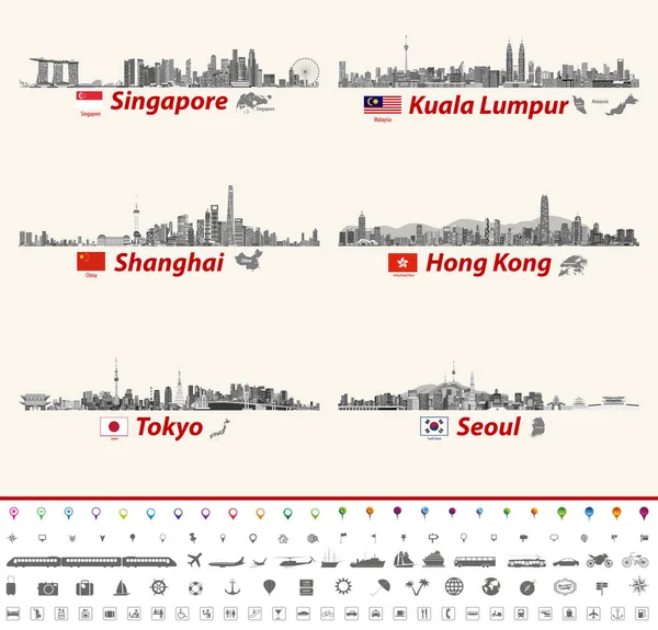 Vector Abstract City Skylines Singapore Kuala Lumpur Shanghai Hong Kong Royalty Free Stock Illustrations