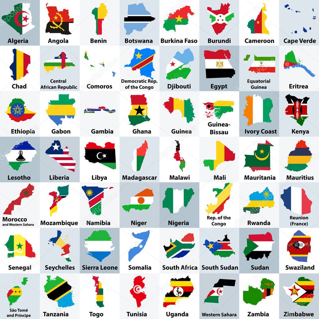 all African countries maps mixed with their national flags and arranged in alphabetical order