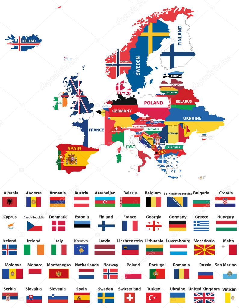 Europe map mixed with countries national flags. All european flags vector collection