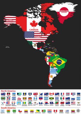 Kuzey ve Güney Amerika harita ülke adları ve ülkelerin bayrakları ile vektör çizim