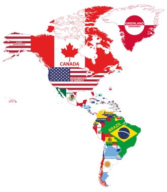 Kuzey ve Güney Amerika harita ülke adları ve ülkelerin bayrakları ile vektör çizim
