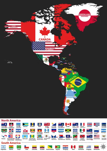 Kuzey Güney Amerika Harita Ülke Adları Ülkelerin Bayrakları Ile Vektör — Stok Vektör