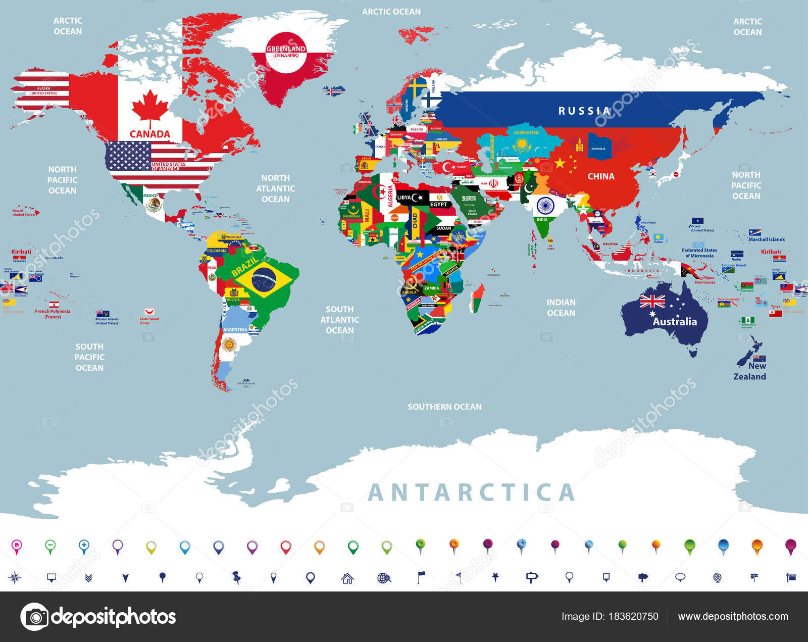 Carte Du Monde Et Collection De Drapeau Du Monde Illustration de Vecteur -  Illustration du asie, international: 140852584