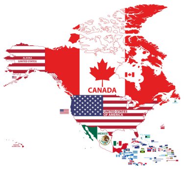 vektör çizimi Kuzey Amerika harita (Kuzey Amerika, Orta Amerika ve Karayipler bölgeler dahil) ülke adları ve ülkelerin bayrakları ile.