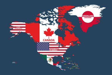 vektör çizimi Kuzey Amerika harita (Kuzey Amerika, Orta Amerika ve Karayipler bölgeler dahil) ülke adları ve ülkelerin bayrakları ile.