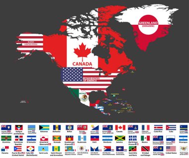 vektör çizimi Kuzey Amerika harita (Kuzey Amerika, Orta Amerika ve Karayipler bölgeler dahil) ülke adları ve ülkelerin bayrakları ile.