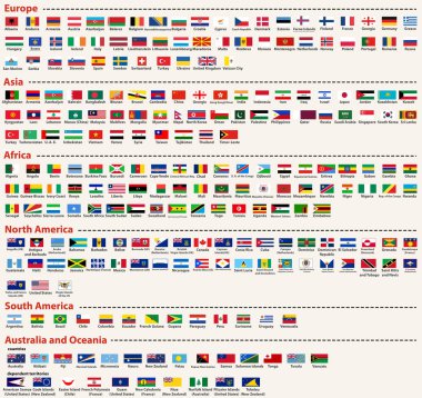 tüm dünya bayrakları kümesi vektör alfabetik olarak düzenlenmiş ve kıta tarafından saydı