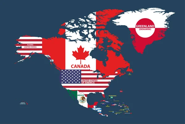 Ilustración Vectorial Del Mapa América Del Norte Incluye Las Regiones — Vector de stock