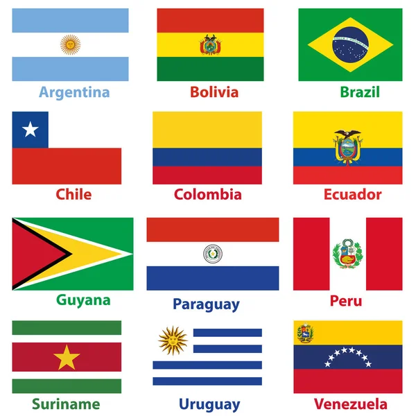 Banderas Todos Los Países Independientes América Del Sur Orden Alfabético — Vector de stock