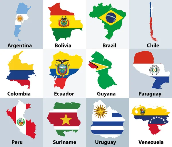 Mapas Mezclados Con Banderas Los Países Independientes América Del Sur — Vector de stock