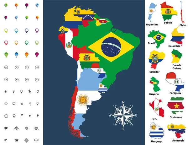 Mapa América Sul Misturado Com Bandeira Países Ilustração Vetorial —  Vetores de Stock