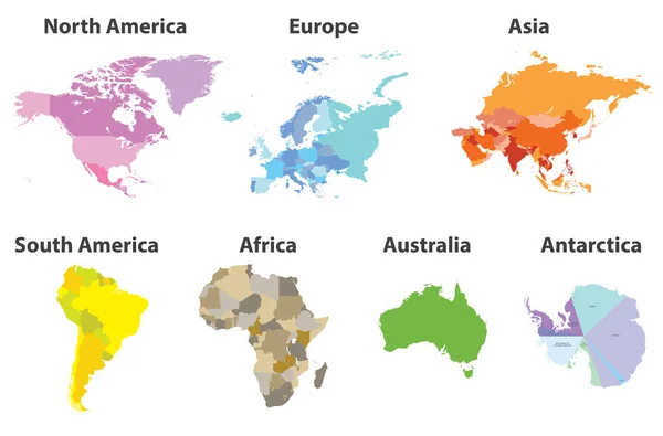 Conjunto Vectores Todos Los Continentes Mapas Políticos Aislados Sobre Fondo — Vector de stock