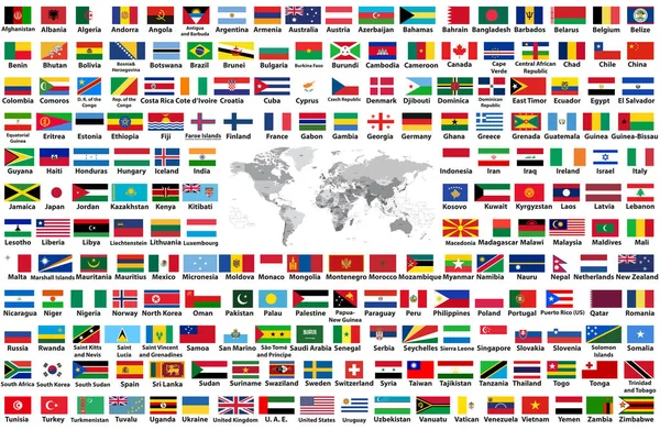在白色背景下按字母顺序排列的所有世界标志的矢量集 世界地图以国家名字和边界 — 图库矢量图片