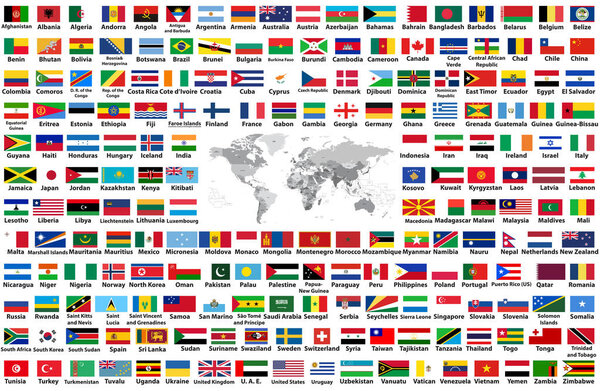 vector set of all world flags arranged in alphabetical order isolated on white background. World map with countries names and borders