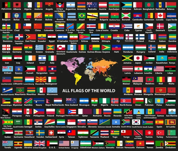 アルファベット順にすべての世界の Countries Sovereign States フラグのベクトルを設定します 国の名前と国境世界の地図 — ストックベクタ
