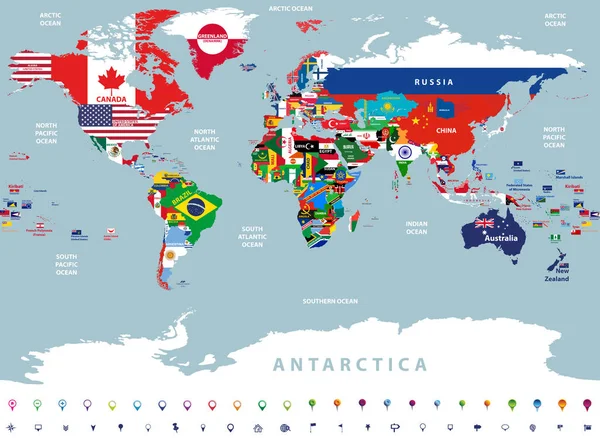 Vector Alto Ilustración Detallada Del Mapa Del Mundo Articulado Con — Vector de stock