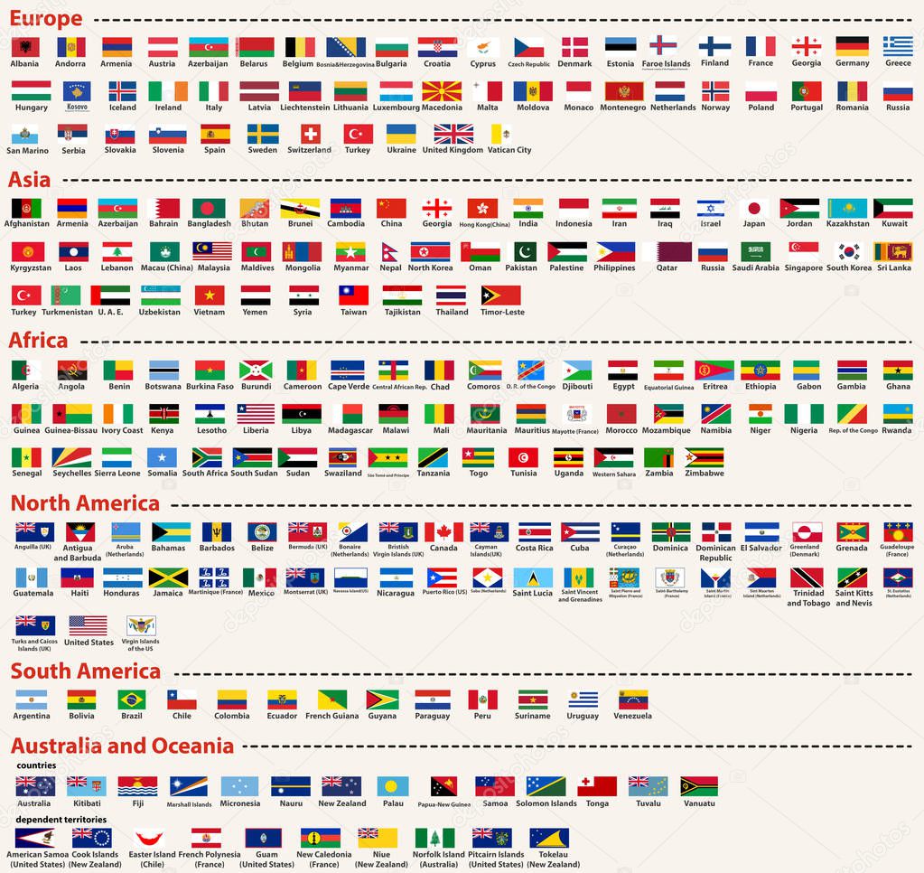 vector set of all world flags arranged in alphabetical order and singled out by continents