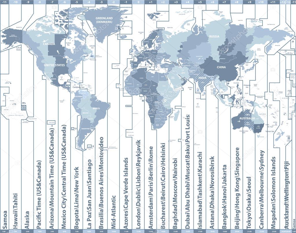 zonas horarias del mundo mapa vectorial con nombres de países y