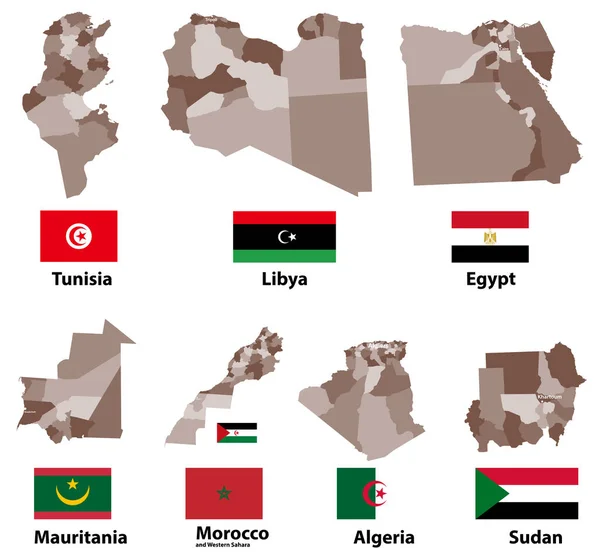 Mapas Vectoriales Banderas Países Del Norte África Con Divisiones Administrativas — Vector de stock