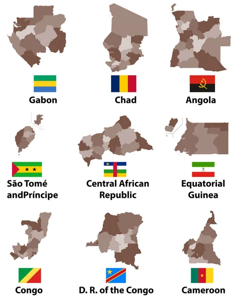 Mapas Vectoriales Banderas Países África Central Con Divisiones Administrativas Fronteras — Archivo Imágenes Vectoriales