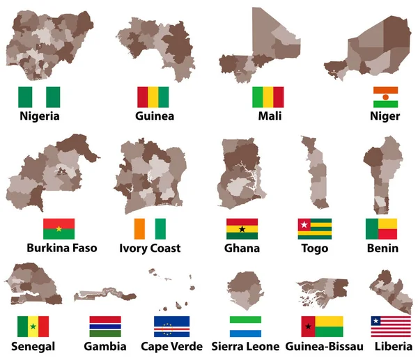 Mapas Vectoriales Banderas Países África Occidental Con Divisiones Administrativas Fronteras — Vector de stock