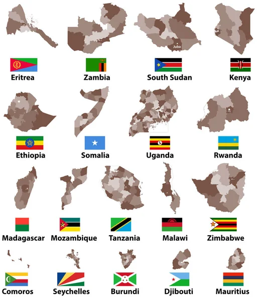 Mapas Vectoriales Banderas Países África Oriental Con Divisiones Administrativas Fronteras — Vector de stock