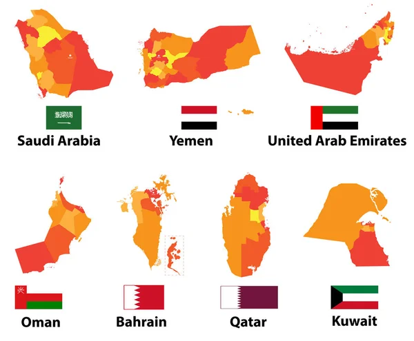 Mappe Vettoriali Bandiere Paesi Arabi Con Divisioni Amministrative Confini Regionali — Vettoriale Stock