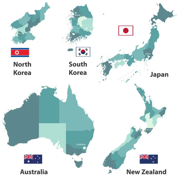 Mapas Vetoriais Bandeiras Japão Coreia Norte Coreia Sul Austrália Nova — Vetor de Stock