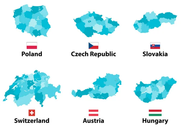 Vektorkartor Och Flaggor Europa Länder Med Administrativa Indelning Regioner Gränser — Stock vektor