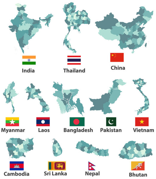 vector high detailed maps and flags of east asian countries with administrative divisions (regions borders)