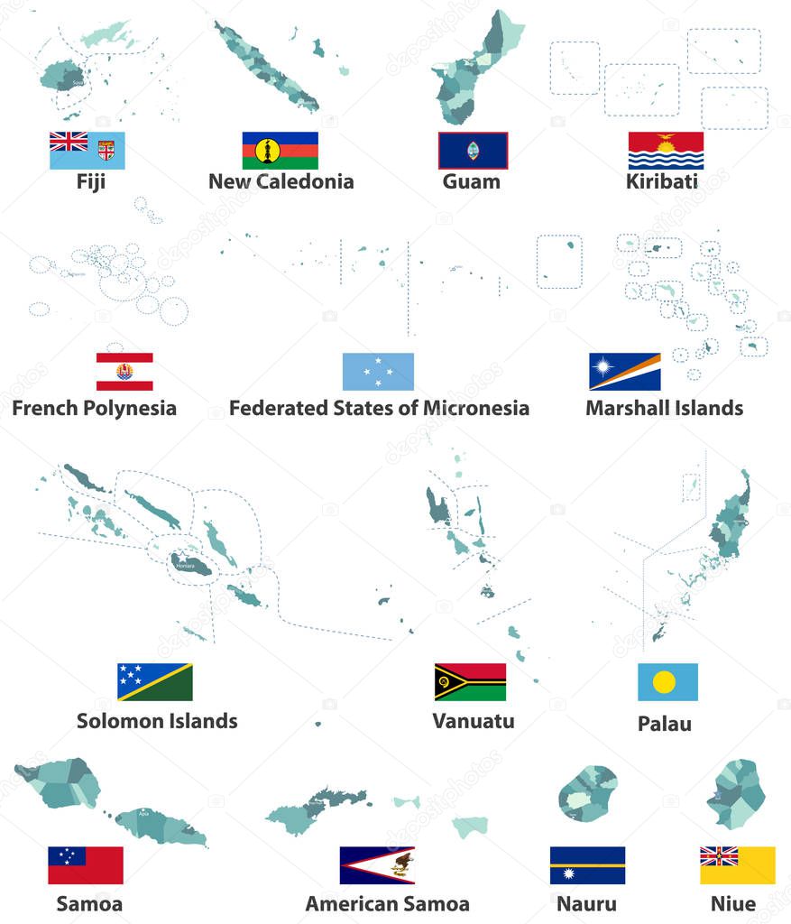 vector maps and flags of oceania countries with administrative divisions (regions borders)