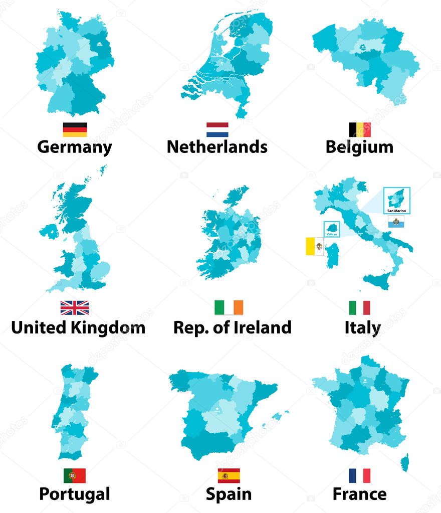 vector maps and flags of Europe countries with administrative divisions (regions borders)