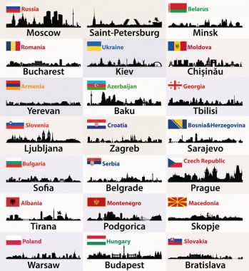 Doğu Avrupa şehirleri silüetini ülke bayrakları ile siluetleri vektör