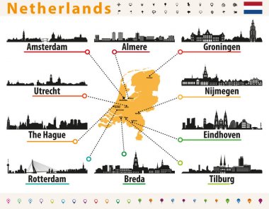 En büyük şehirler silüetini siluetleri ile Hollanda harita
