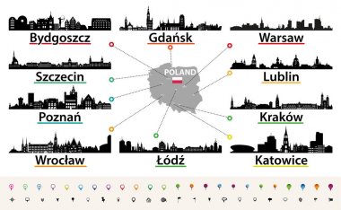 vector map of Poland with largest city skylines silhouettes clipart
