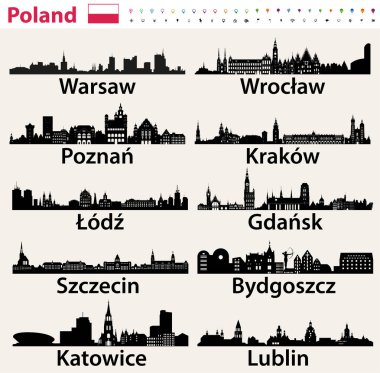 Poland largest city skylines silhouettes clipart