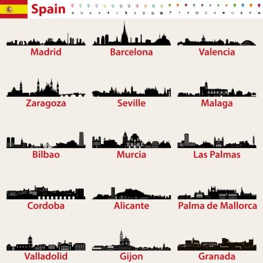 İspanya en büyük şehirler silüetini siluetleri vektör set