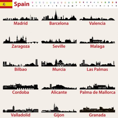 Spain largest cities skylines silhouettes vector set clipart
