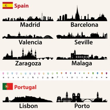 İspanya ve Portekiz en büyük şehirler silüetini siluetleri vektör kümesi