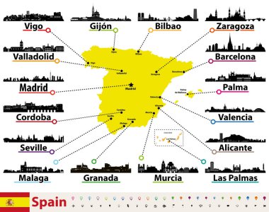 vector map of Spain with largest cities skylines silhouettes clipart