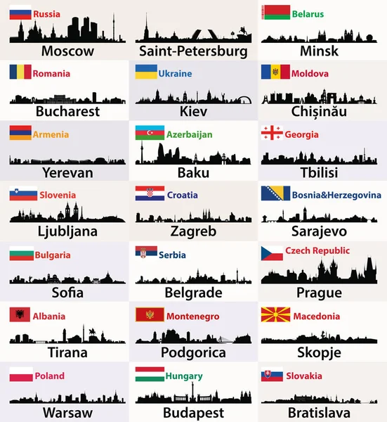 Siluetas Vectoriales Ciudades Europa Del Este Con Banderas Países — Vector de stock