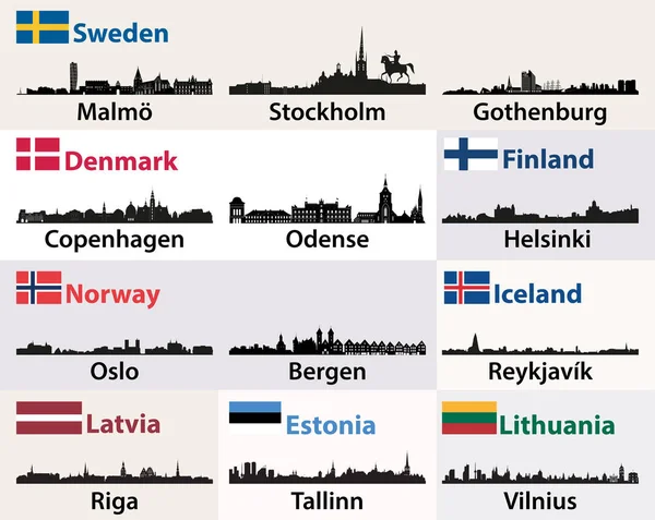 Ciudades Vectoriales Skylines Siluetas Países Escandinavos Del Norte Europa — Vector de stock